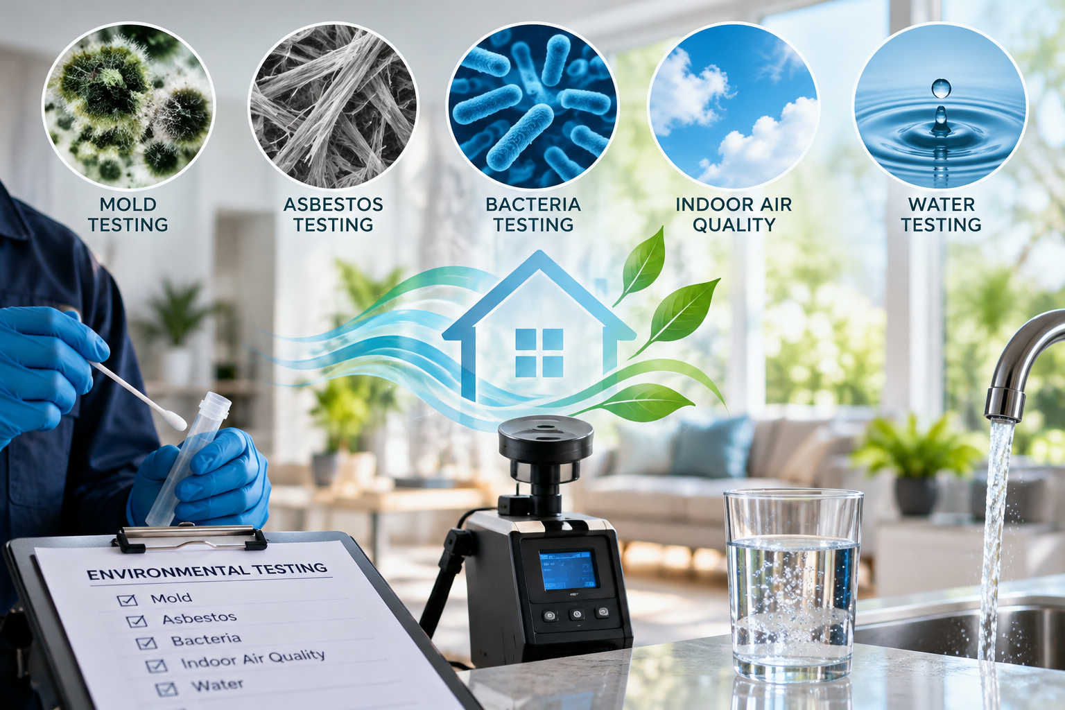 Environmental testing illustration showing mold, asbestos, bacteria, indoor air quality, and water testing
