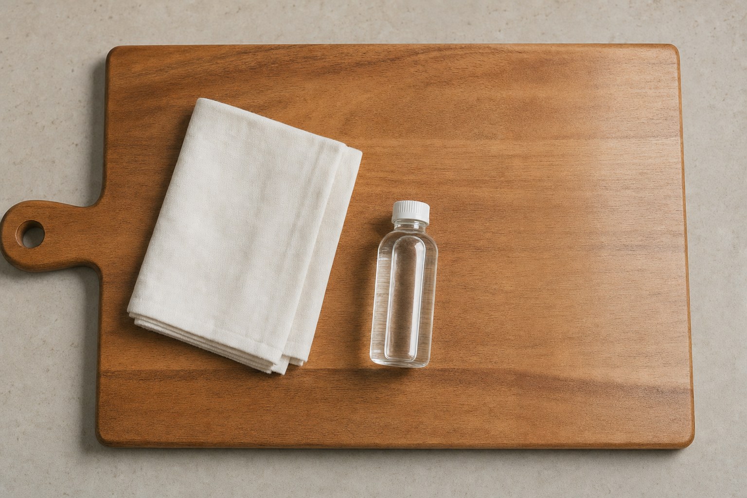 Wood cutting board with a folded white cloth and an unlabelled bottle of board oil