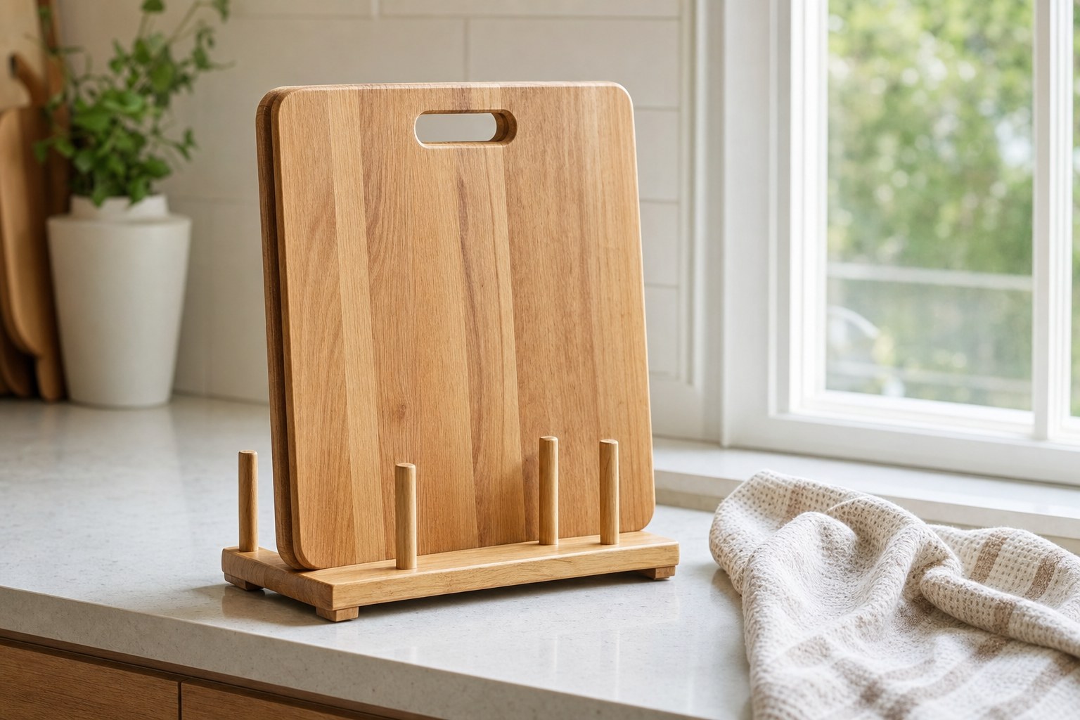 Wood cutting board standing upright in a kitchen drying rack beside a cloth