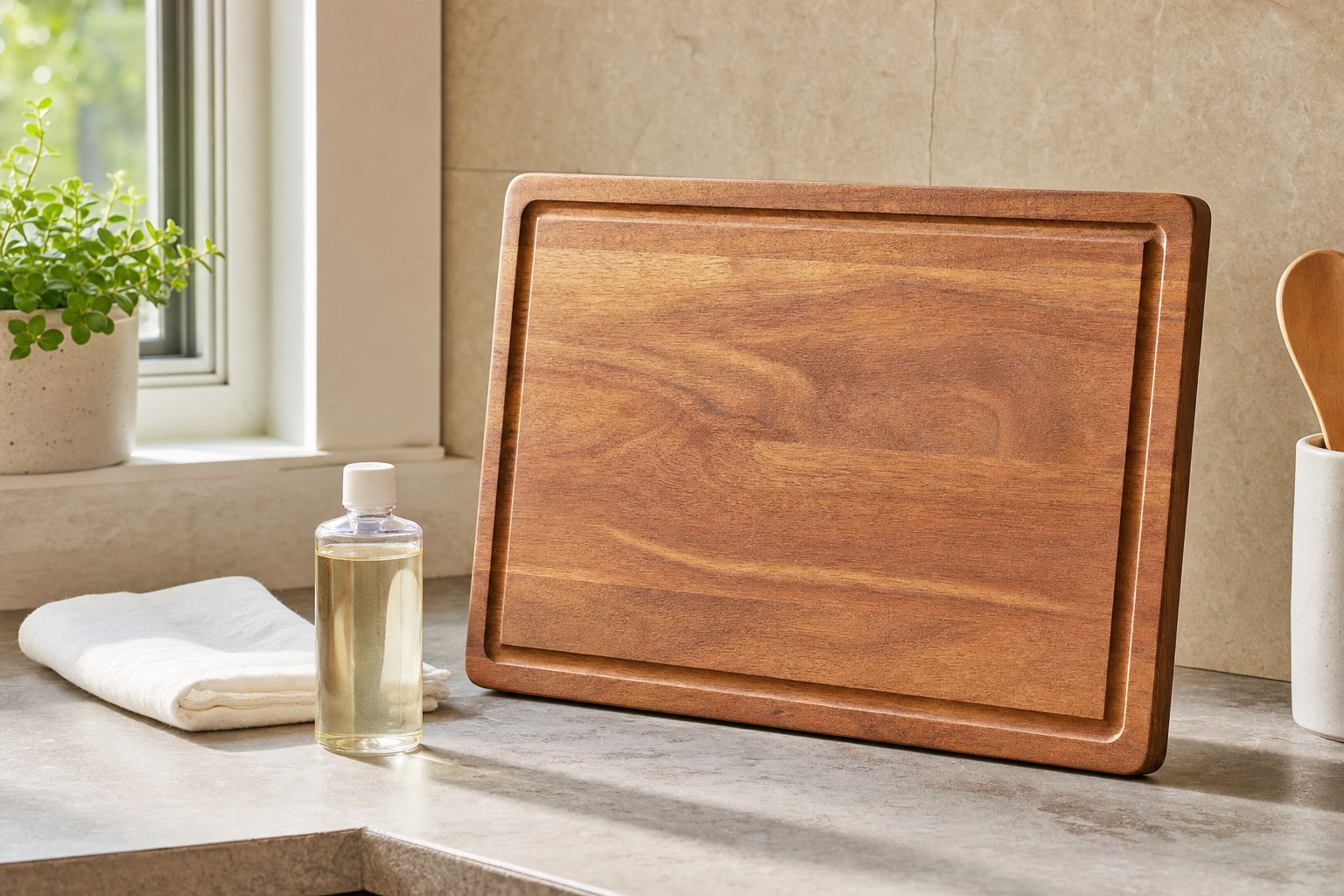 Wood cutting board standing beside an unlabelled bottle of board oil and a white cloth