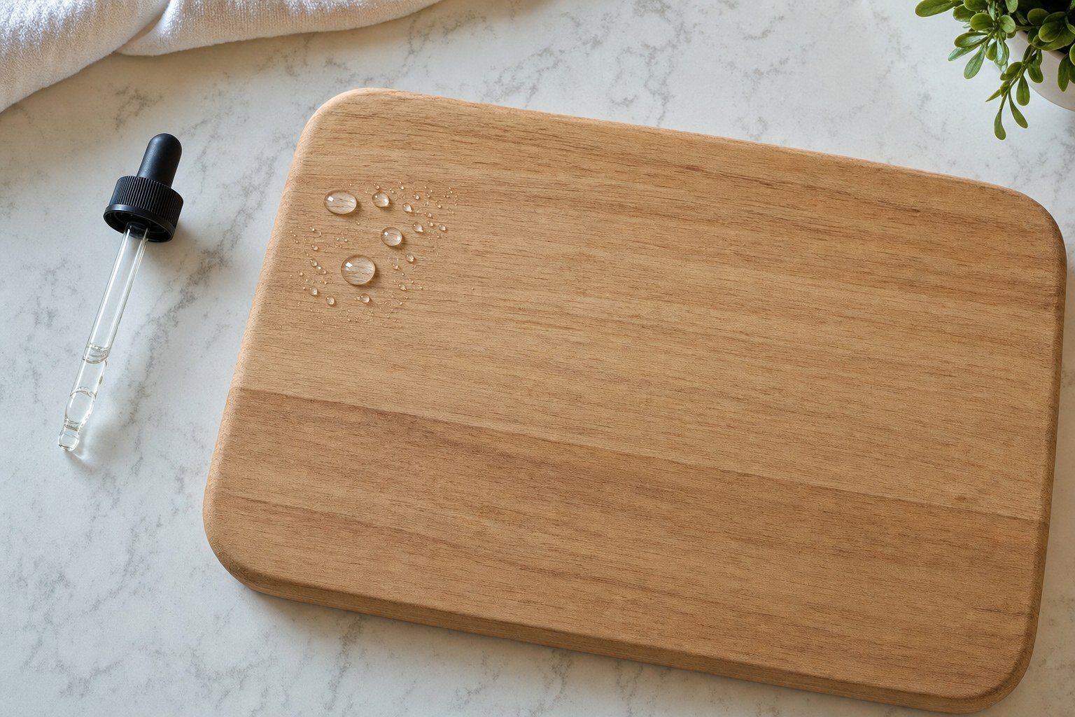 Water droplets beading on the surface of a wooden cutting board
