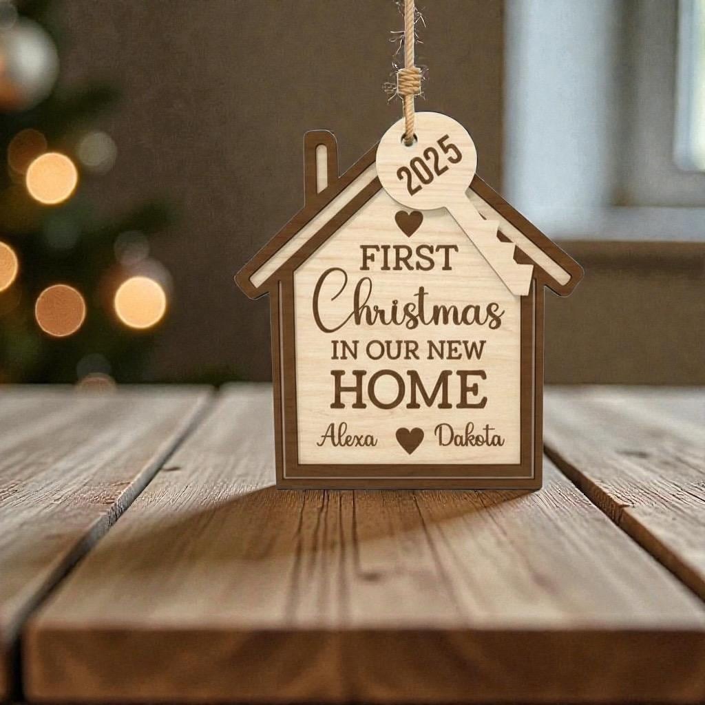 Personalized First Christmas in Our New Home 2025 Ornament, 2 Layer Wood House, First Time Homeowner Gift, Housewarming, Realtor Closing, additional product photo
