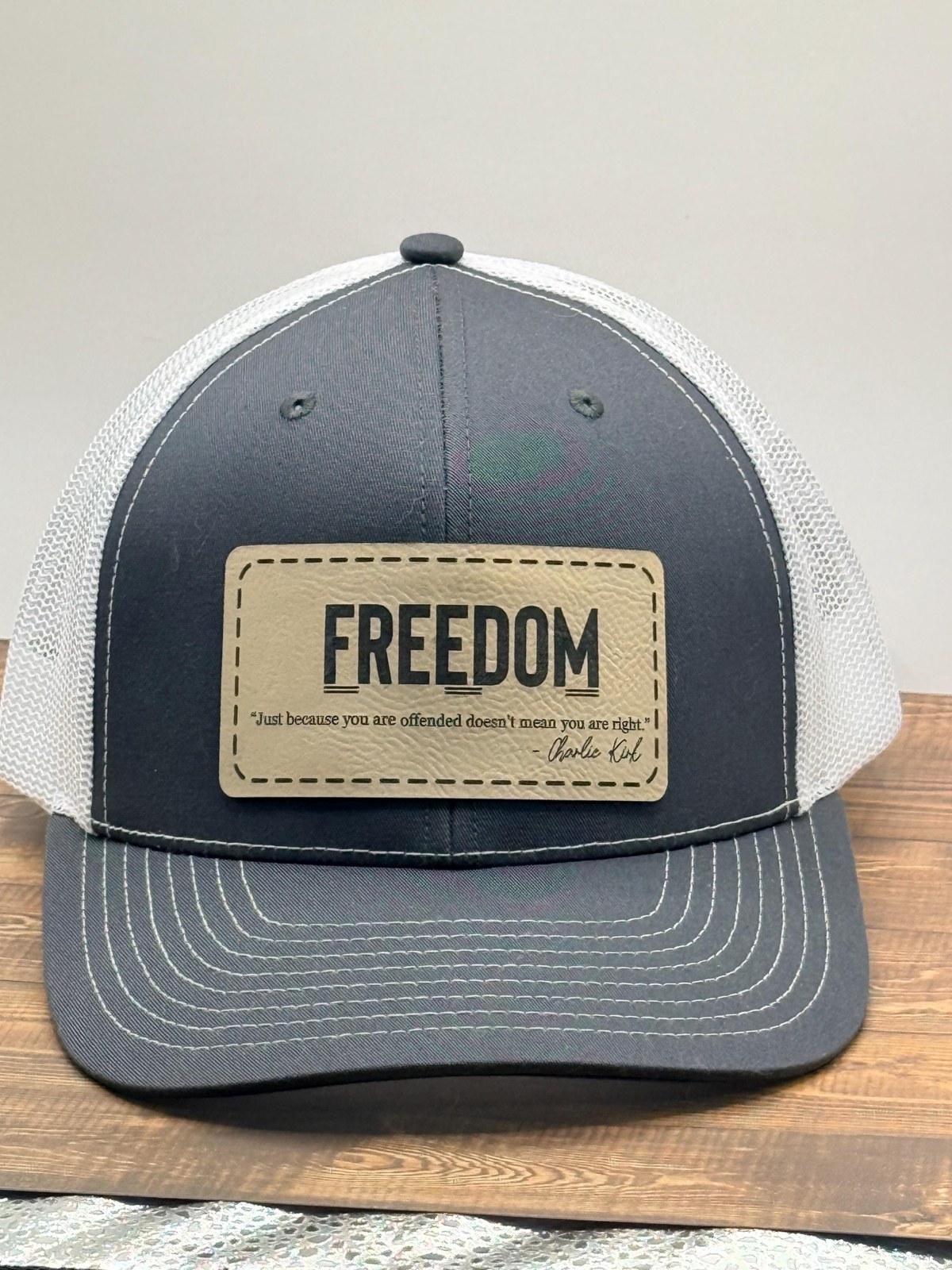 Custom Men’s SnapBack Trucker Hat w/ Freedom Patch – Laser Engraved Quote Patch, Men’s Snapback, Personalized Side Text, additional product photo