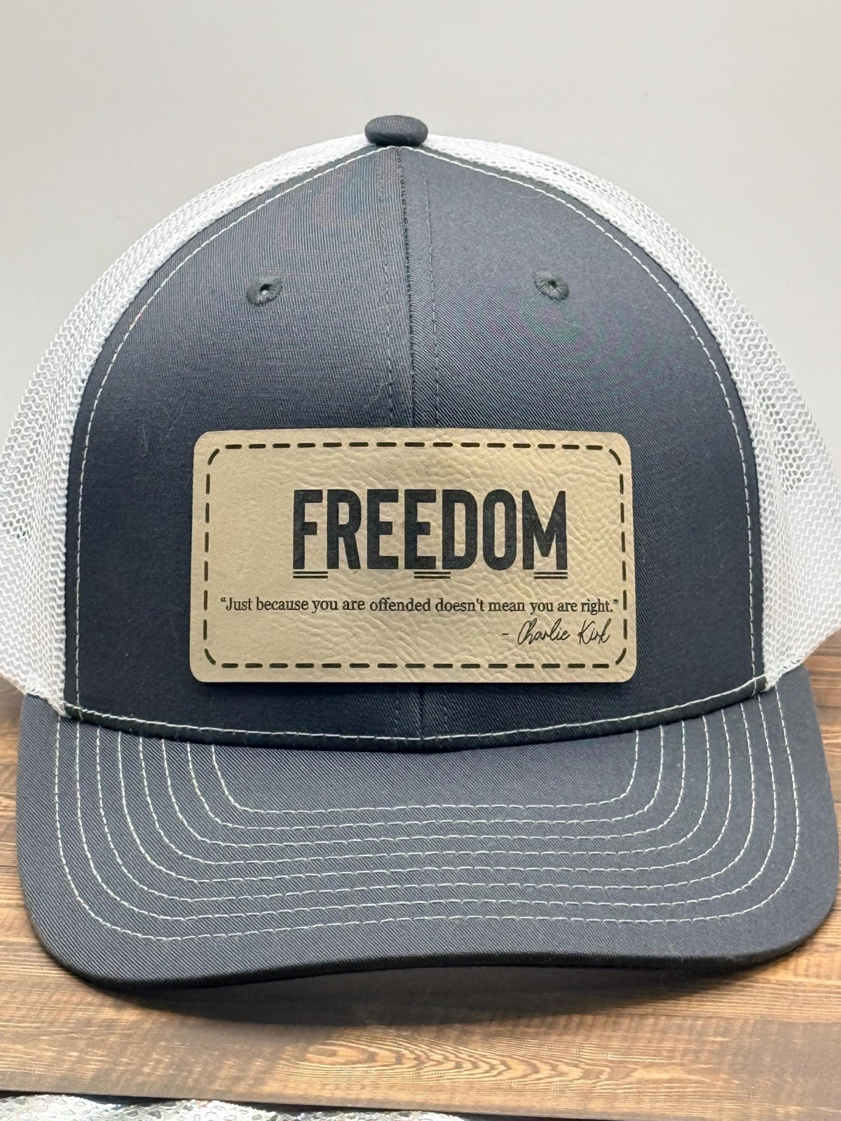 Custom Men’s SnapBack Trucker Hat w/ Freedom Patch – Laser Engraved Quote Patch, Men’s Snapback, Personalized Side Text, additional product photo