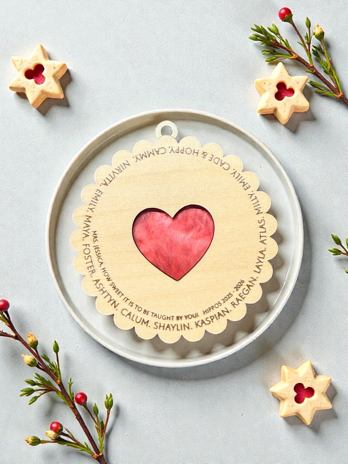 Personalized Teacher/Class Christmas Ornament, 4in Scalloped Round 3-Layer Wood & Acrylic Heart, Student Names Keepsake Gift, additional product photo