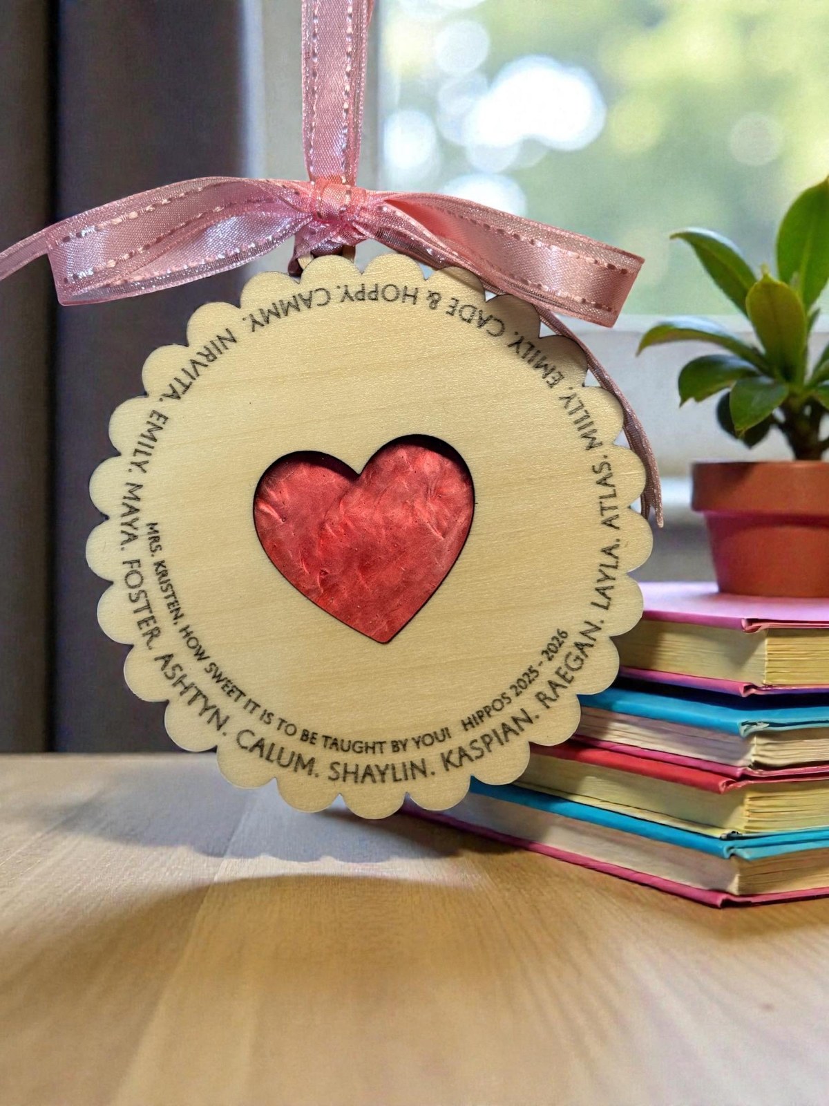 Personalized Teacher/Class Christmas Ornament, 4in Scalloped Round 3-Layer Wood & Acrylic Heart, Student Names Keepsake Gift, additional product photo