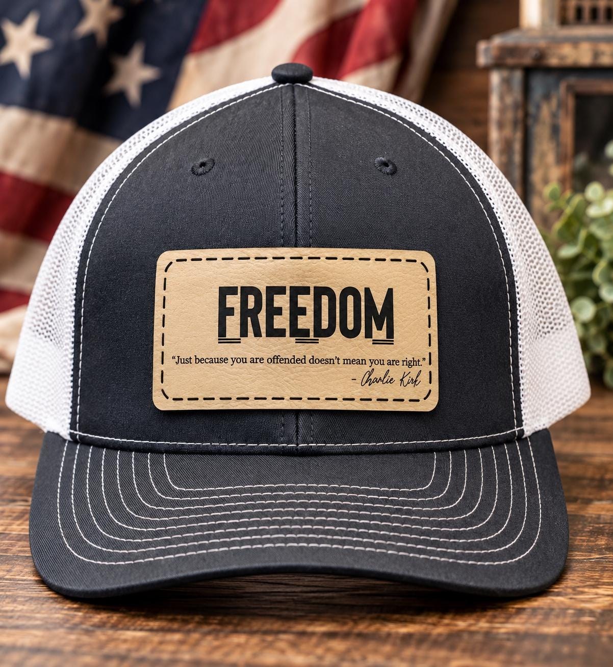 Custom Men’s SnapBack Trucker Hat w/ Freedom Patch – Laser Engraved Quote Patch, Men’s Snapback, Personalized Side Text