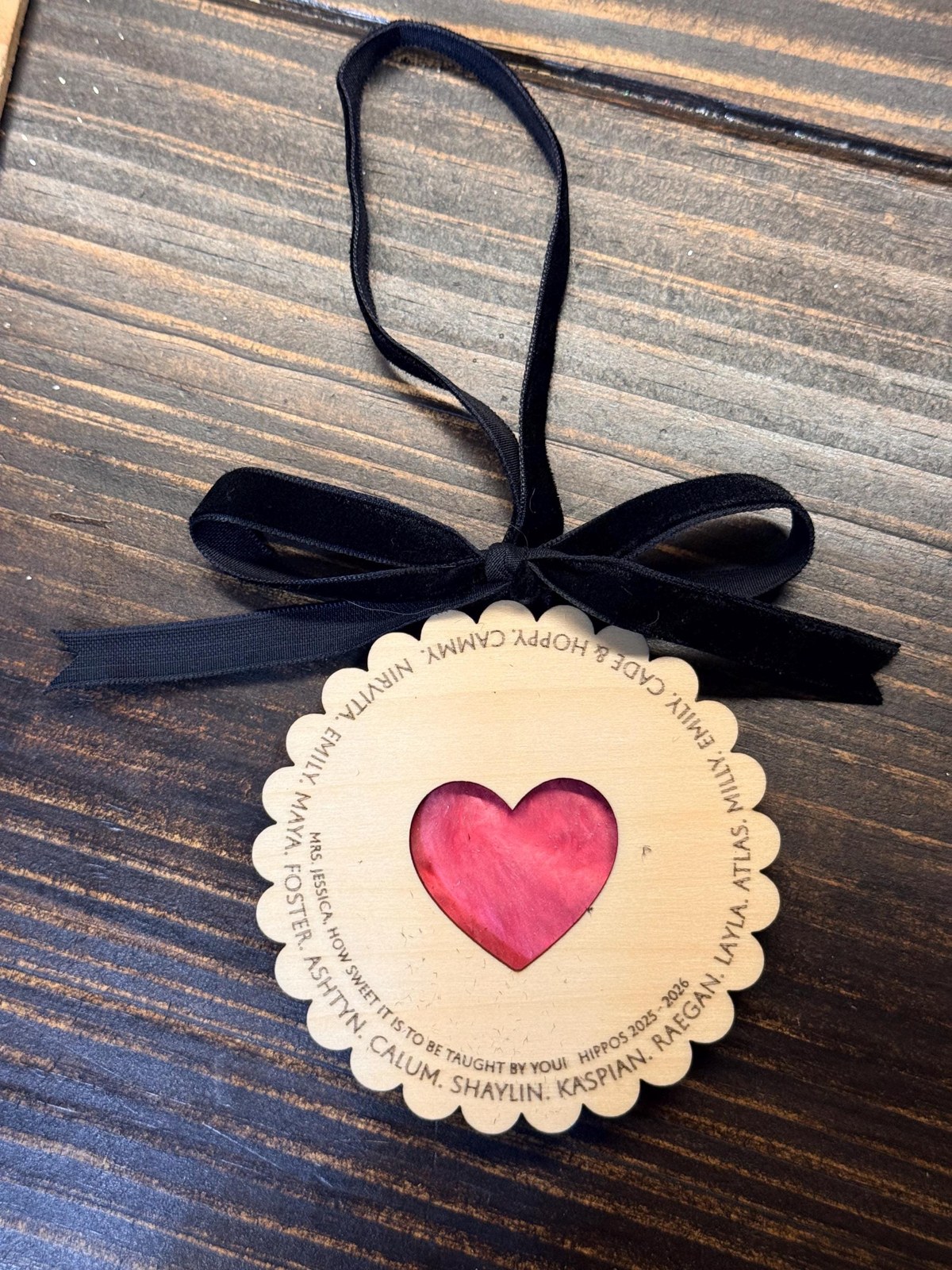 Personalized Teacher/Class Christmas Ornament, 4in Scalloped Round 3-Layer Wood & Acrylic Heart, Student Names Keepsake Gift, additional product photo