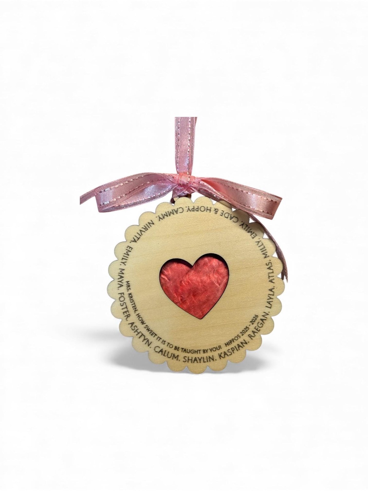 Personalized Teacher/Class Christmas Ornament, 4in Scalloped Round 3-Layer Wood & Acrylic Heart, Student Names Keepsake Gift, additional product photo