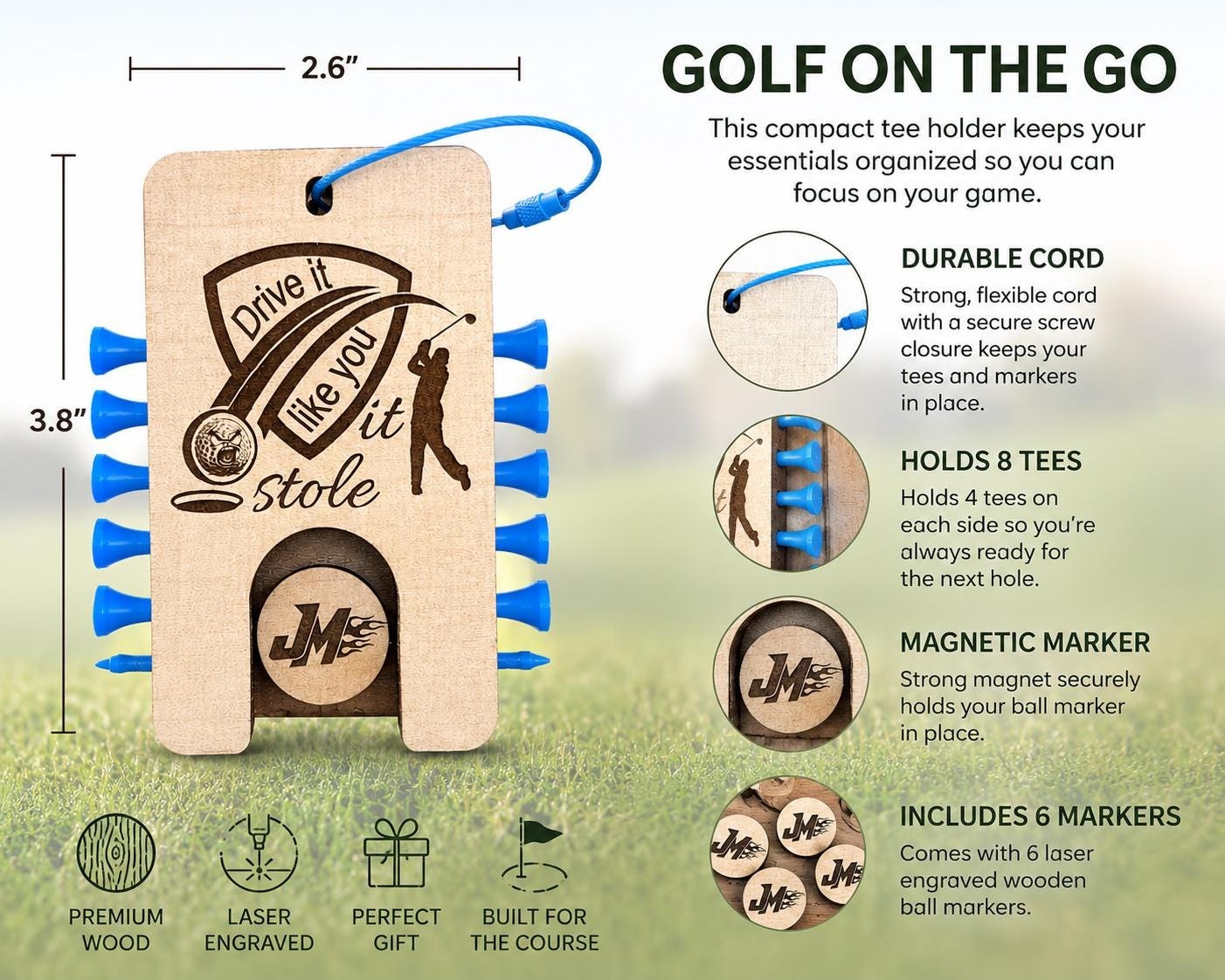Custom Golf Tee Holder with Personalized Ball Markers | Father's Day Golf Gift | Golf Bag Tag | Golfer Gift for Dad | Golf Accessories, additional product photo