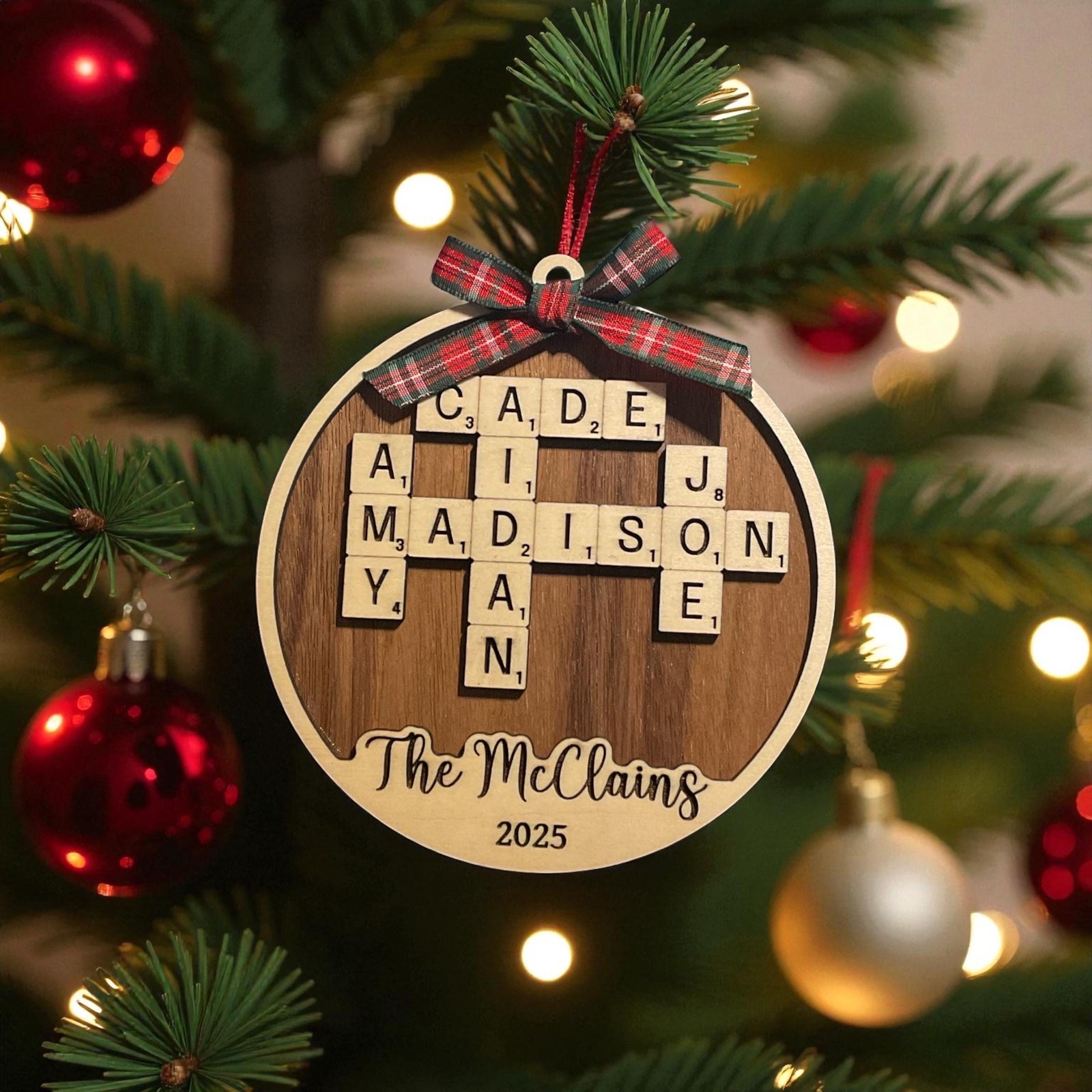 Custom Family Crossword Ornament - Personalized Scrabble Tile Wooden Christmas Keepsake Gift, additional product photo