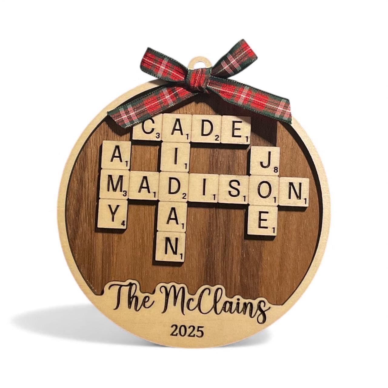 Custom Family Crossword Ornament - Personalized Scrabble Tile Wooden Christmas Keepsake Gift