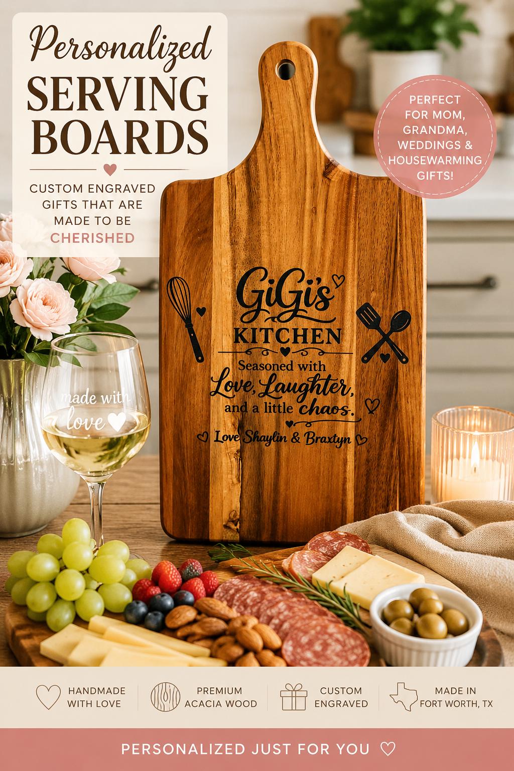 Personalized Acacia Wood Serving Board: Custom Engraved Kitchen Gift (GiGi's Kitchen)