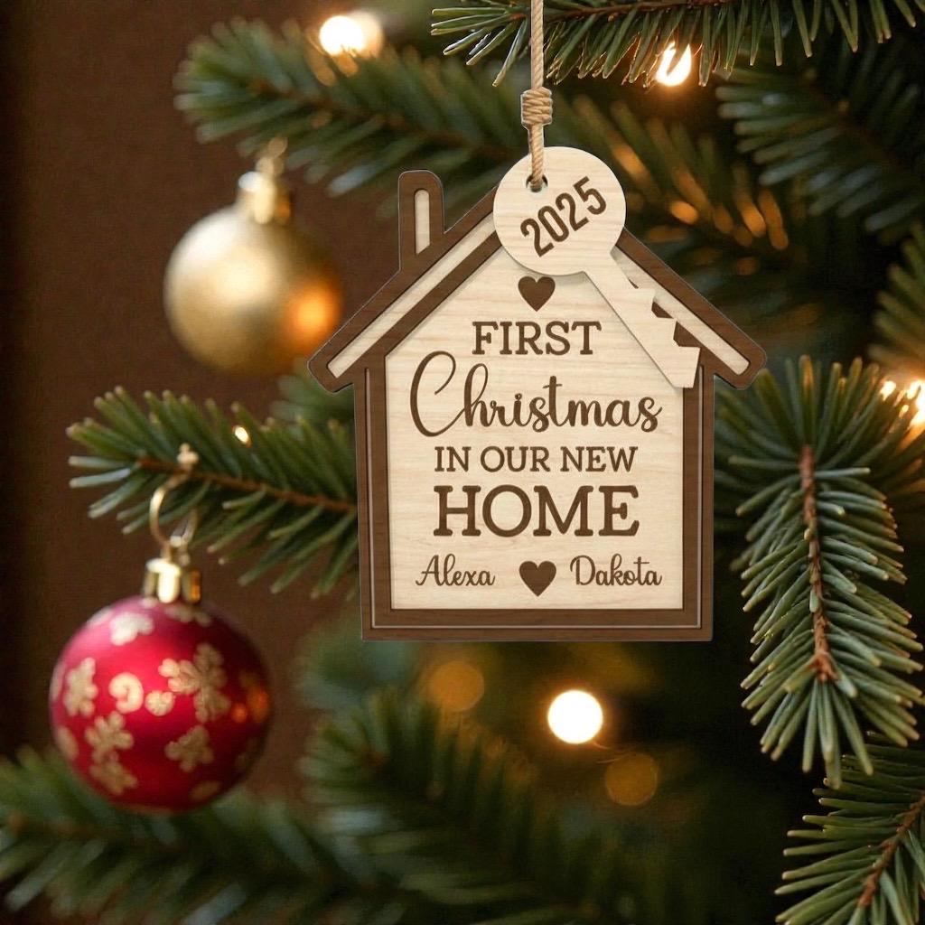 Personalized First Christmas in Our New Home 2025 Ornament, 2 Layer Wood House, First Time Homeowner Gift, Housewarming, Realtor Closing