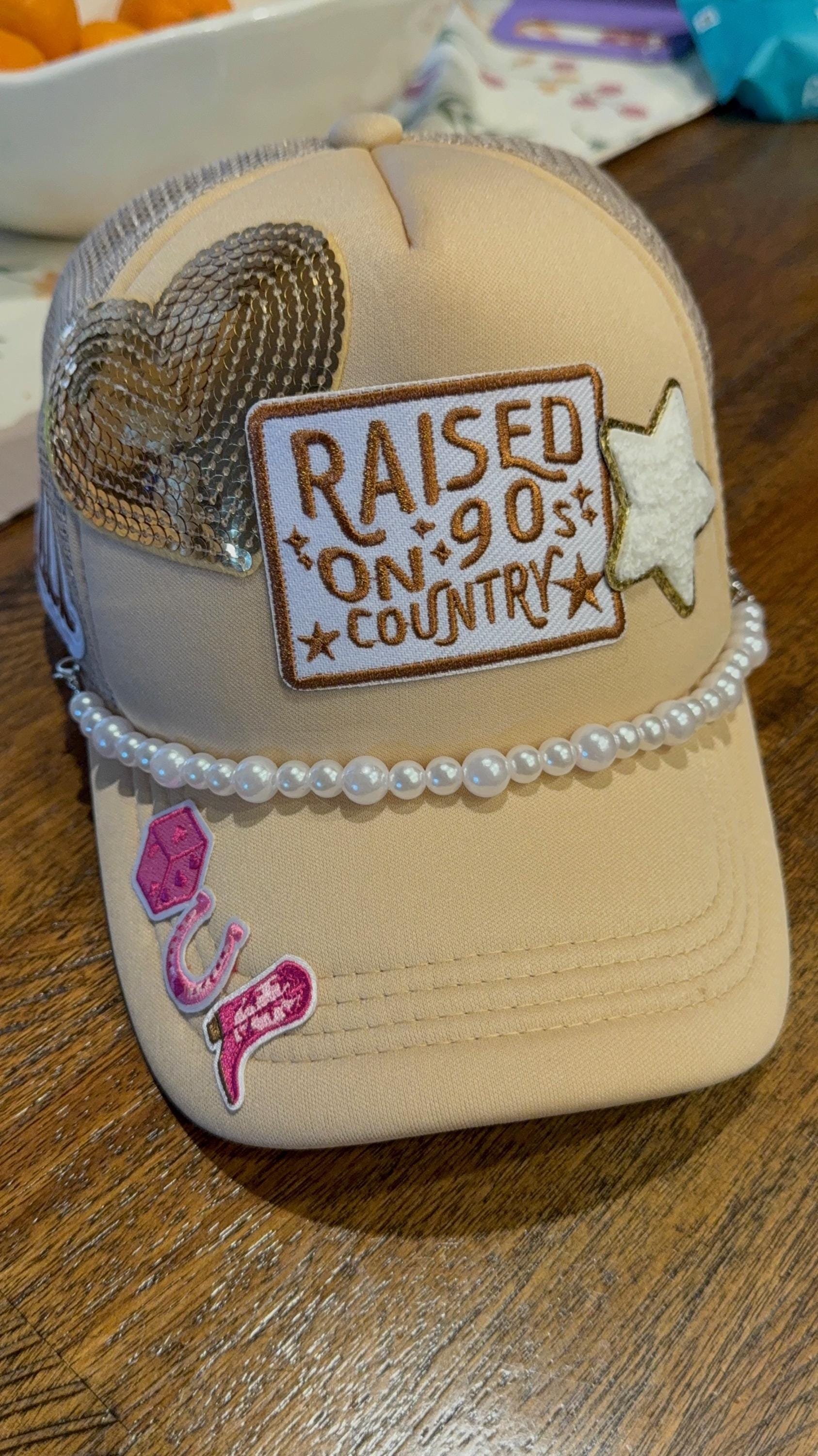 custom, trucker hat, hats, laser engraved, country music, raised on 90's country, chenille patches