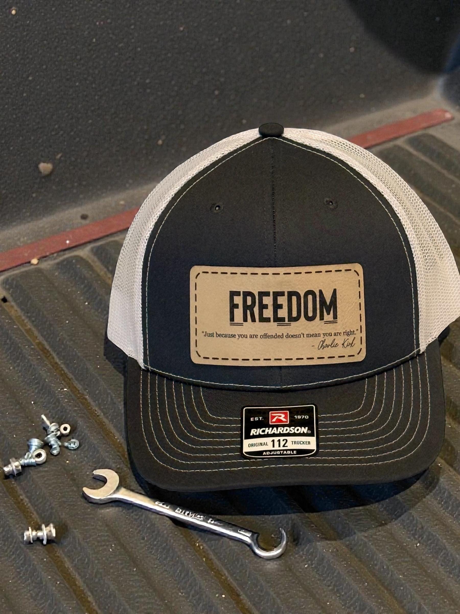 Custom Men’s SnapBack Trucker Hat w/ Freedom Patch – Laser Engraved Quote Patch, Men’s Snapback, Personalized Side Text