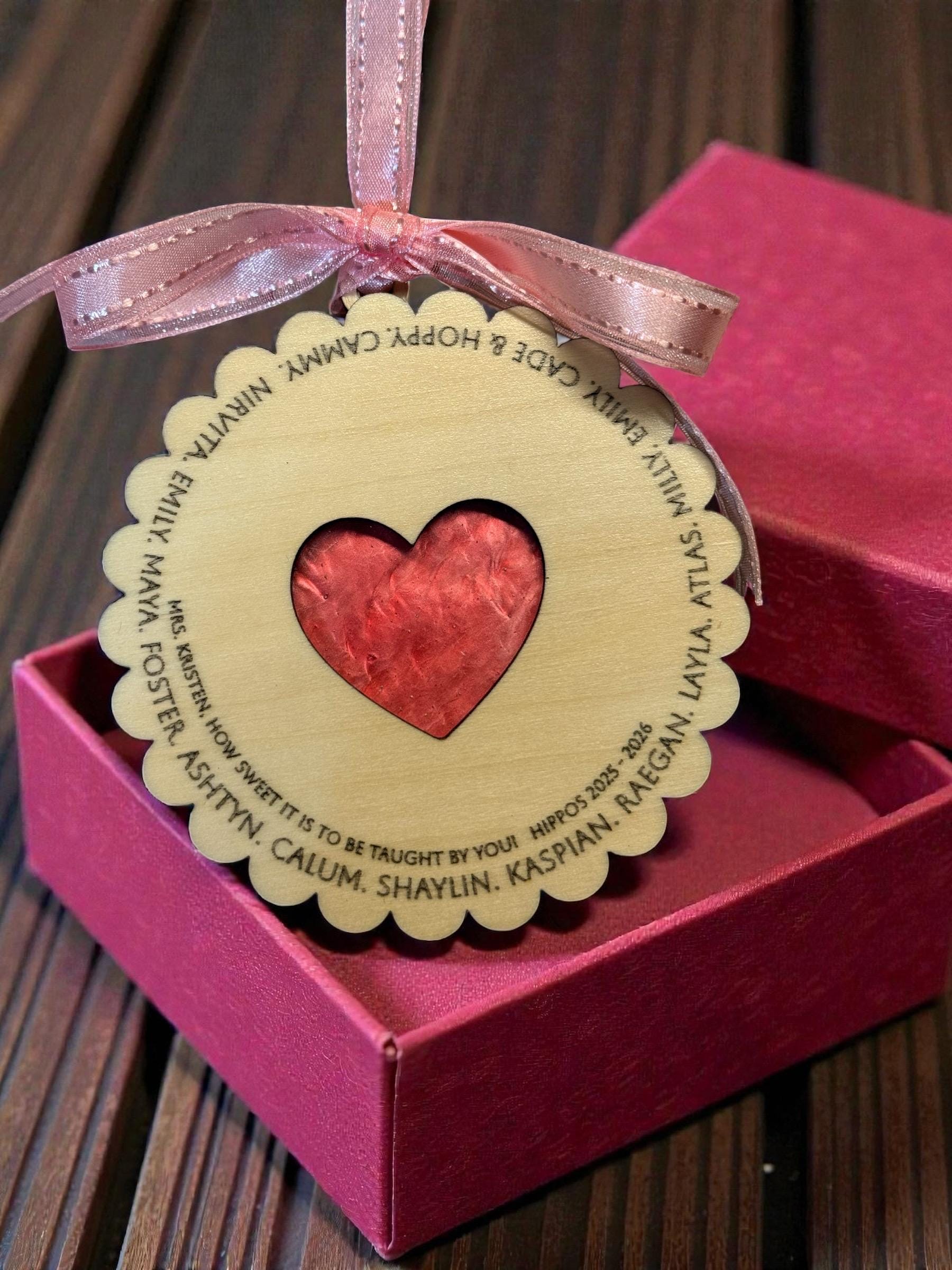 Personalized Teacher/Class Christmas Ornament, 4in Scalloped Round 3-Layer Wood & Acrylic Heart, Student Names Keepsake Gift