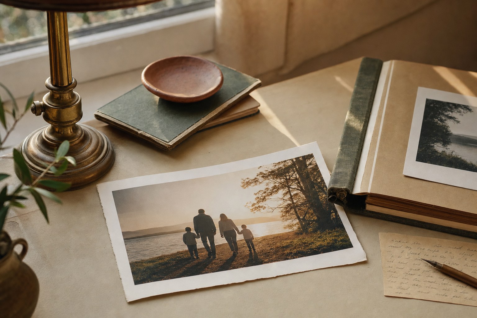 A printed family photograph resting beside an open album on a sunlit desk