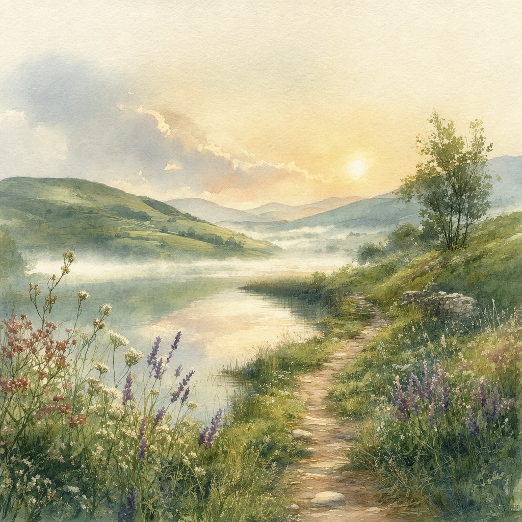 Watercolor landscape of a misty lake, wildflowers, and a sunlit path