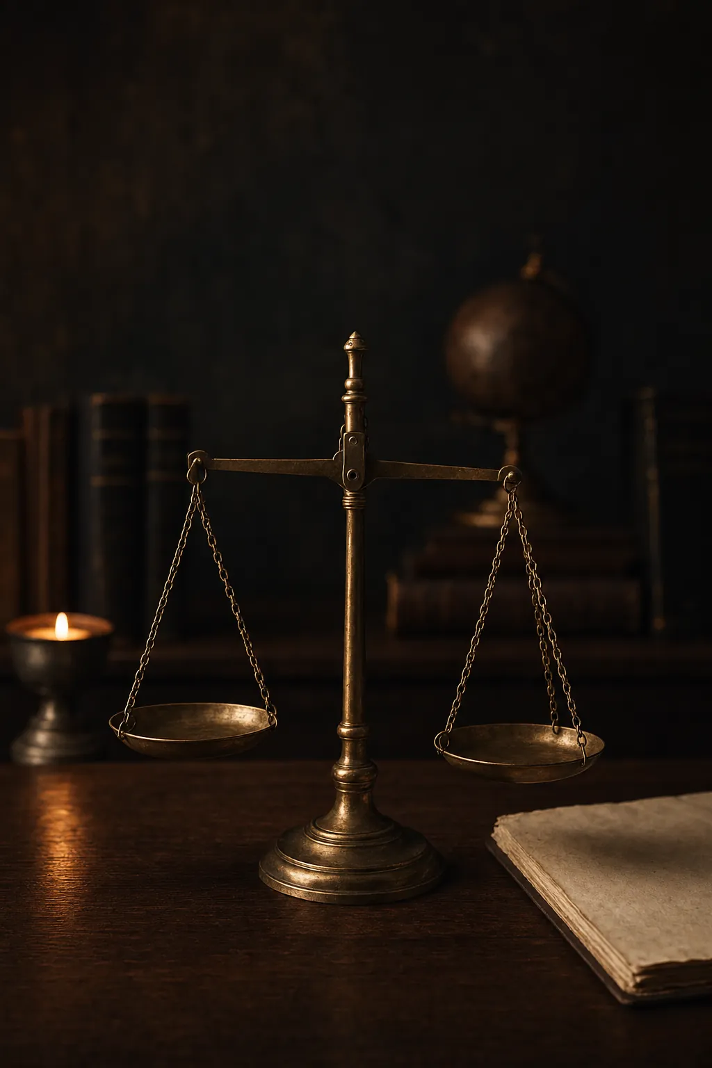 An antique balance scale on a walnut desk