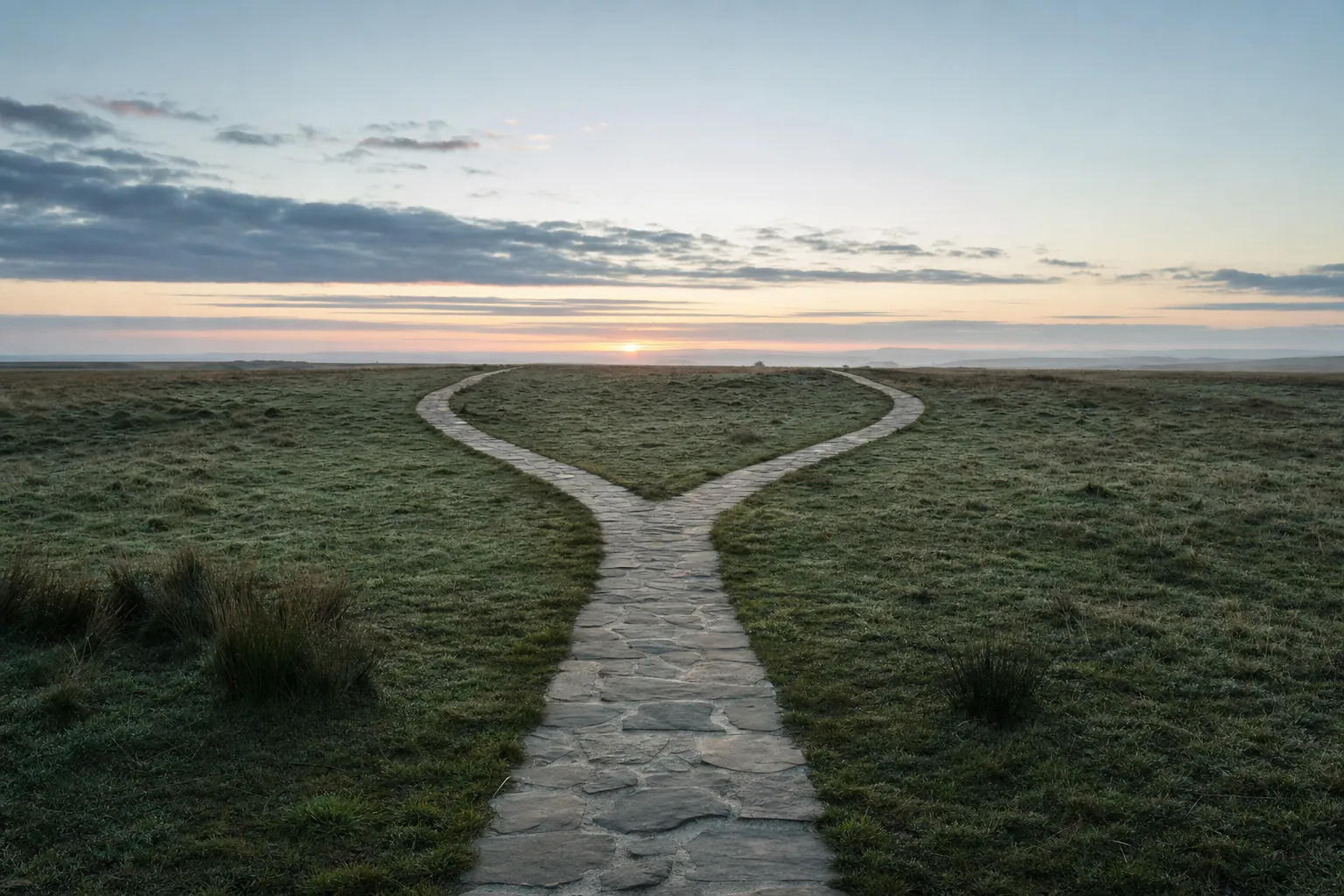 A stone path dividing and rejoining across a quiet field at sunrise