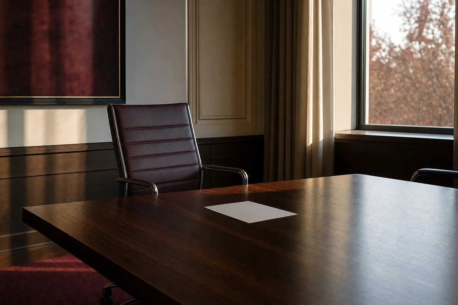 An empty chair at a sunlit conference table with a single blank paper