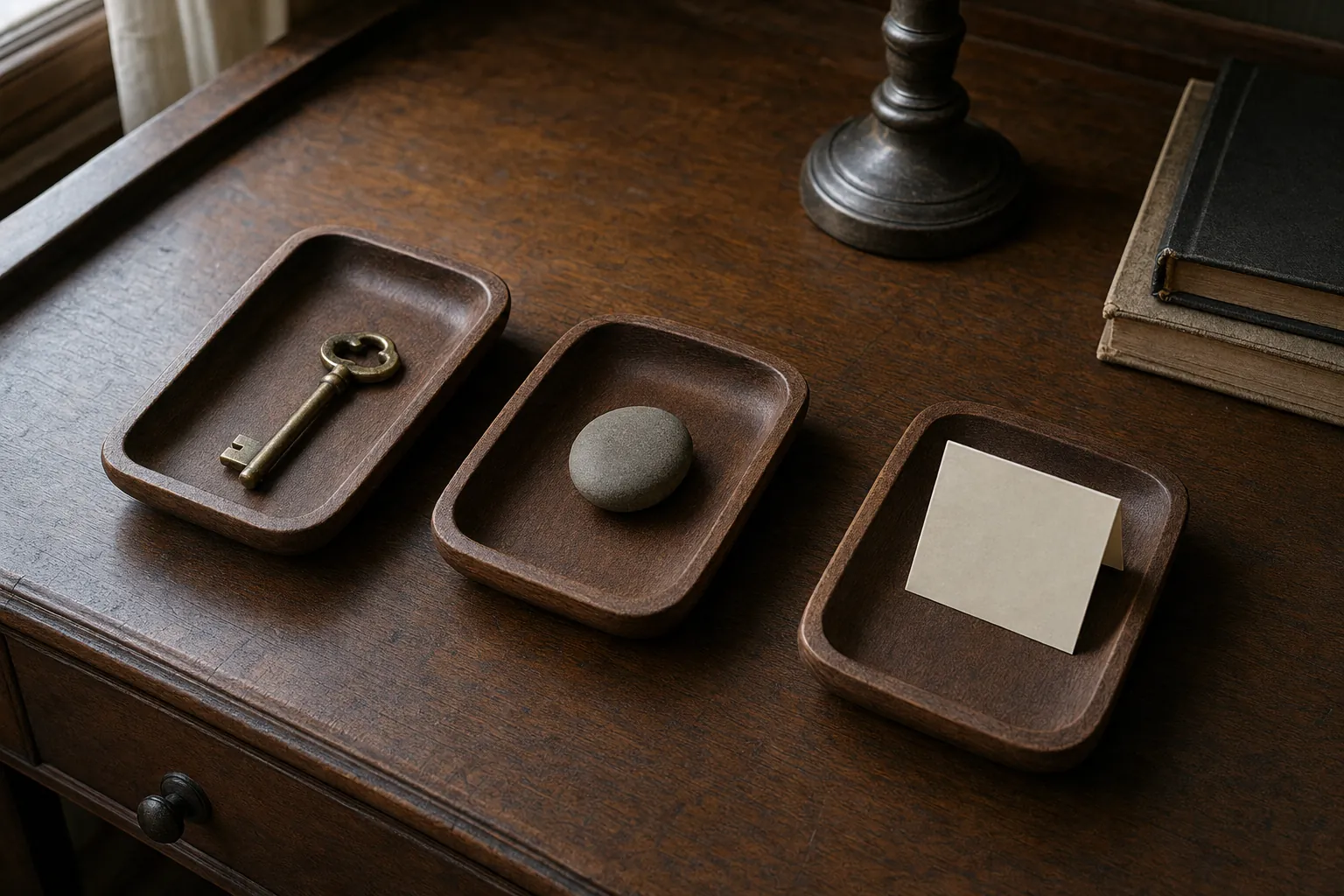 Three wooden trays holding a key, smooth stone and blank folded card
