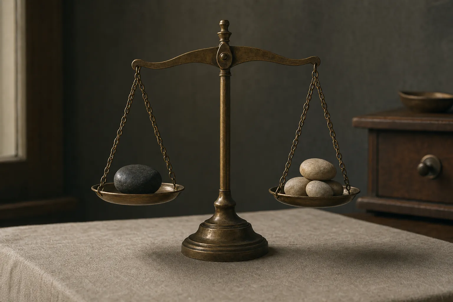 An antique brass balance scale holding a dark stone on one side and three pale stones on the other