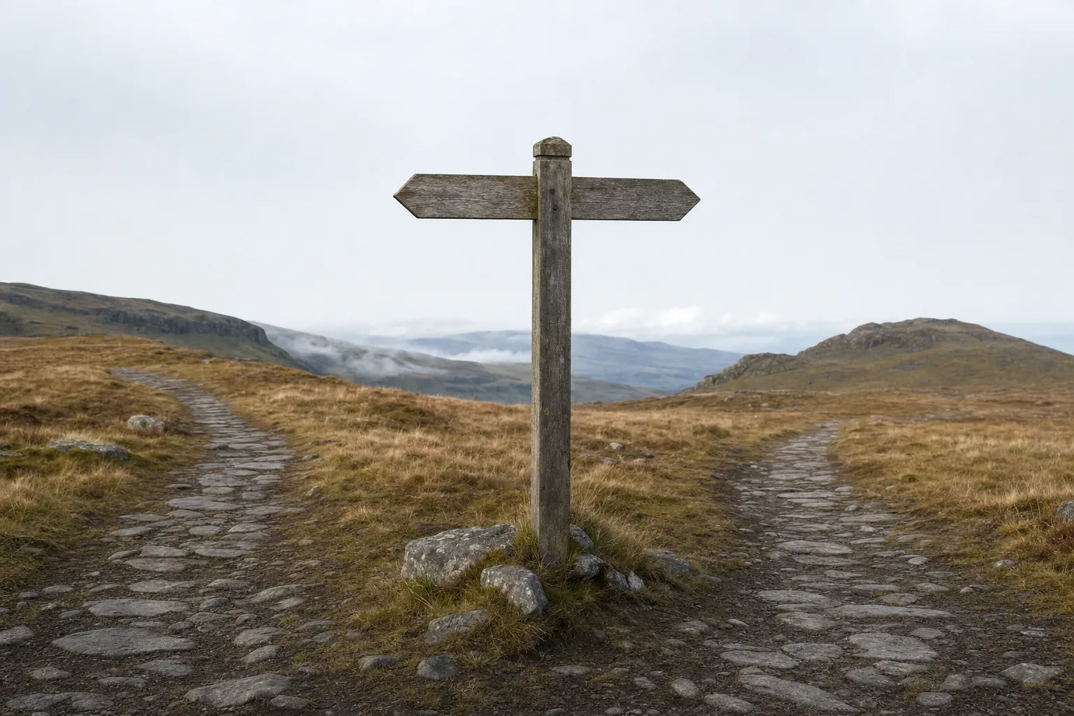 A blank wooden signpost standing between two stone paths in an upland landscape
