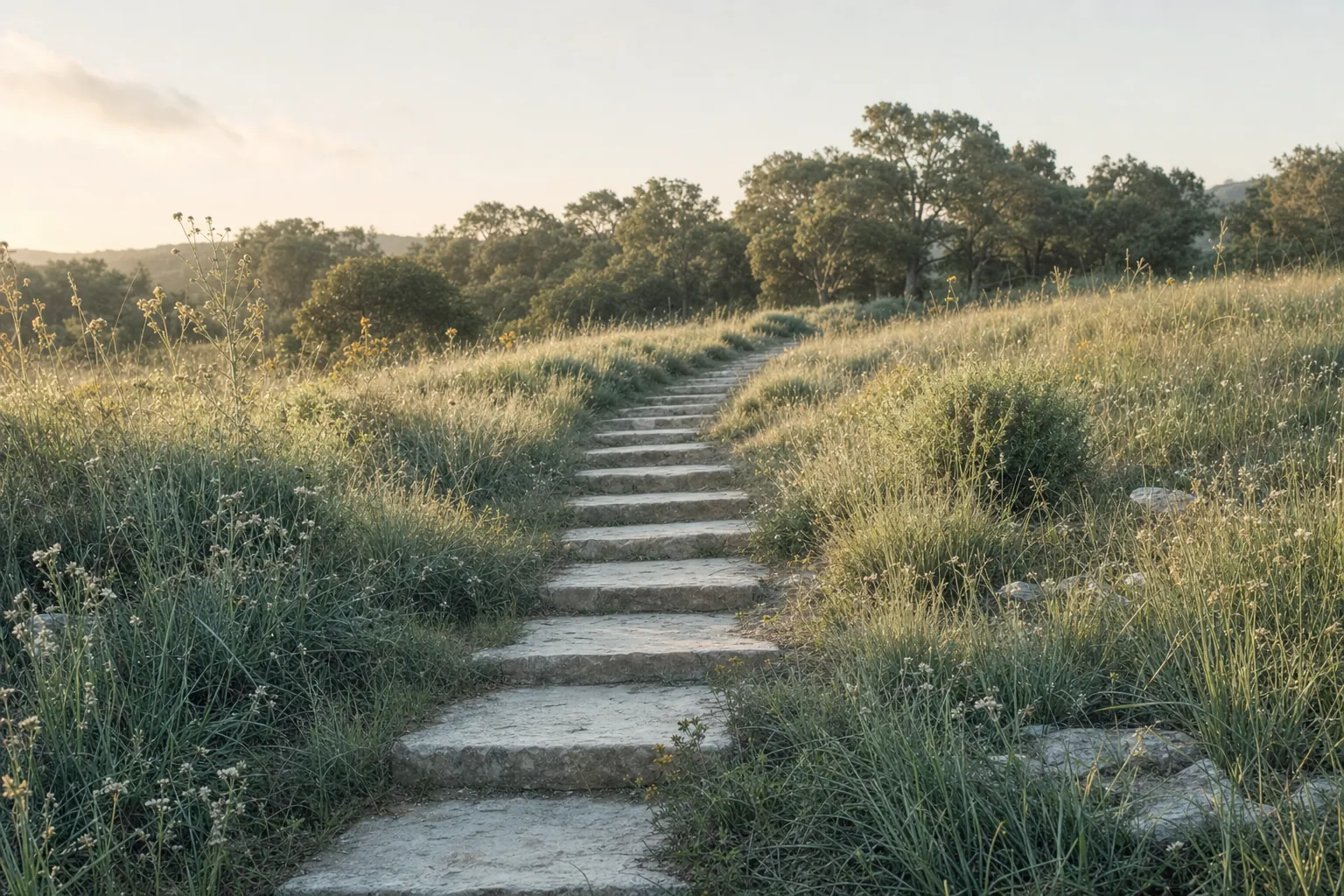 Pale stone steps leading through tall grass toward distant trees