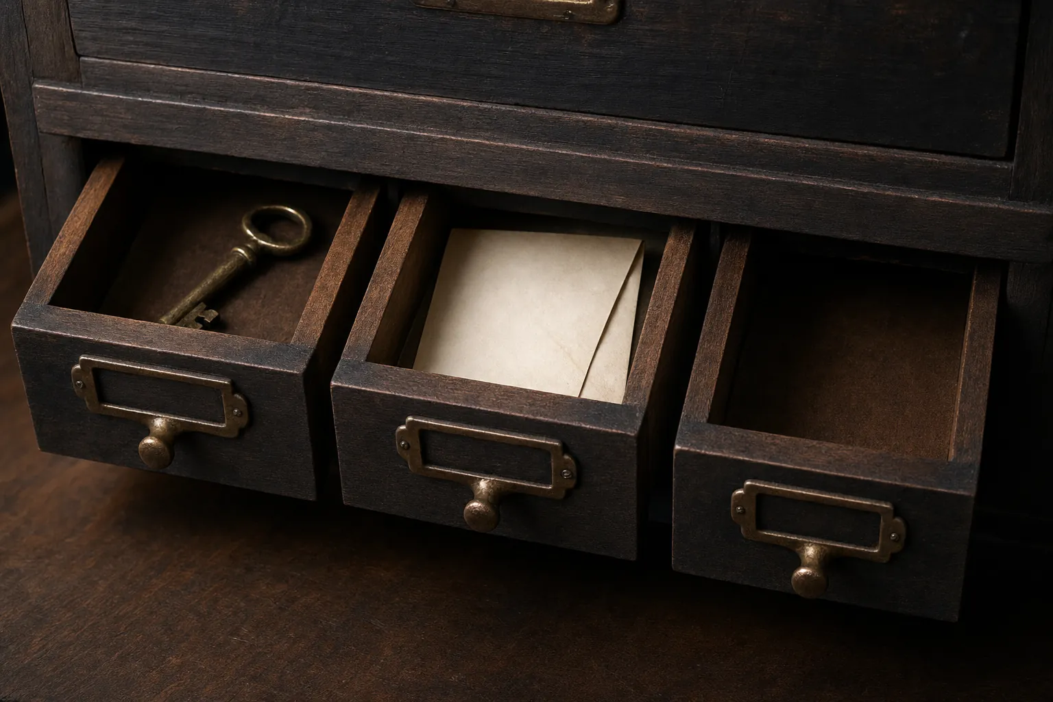 Three small open wooden drawers holding a brass key, a folded blank note and an empty compartment