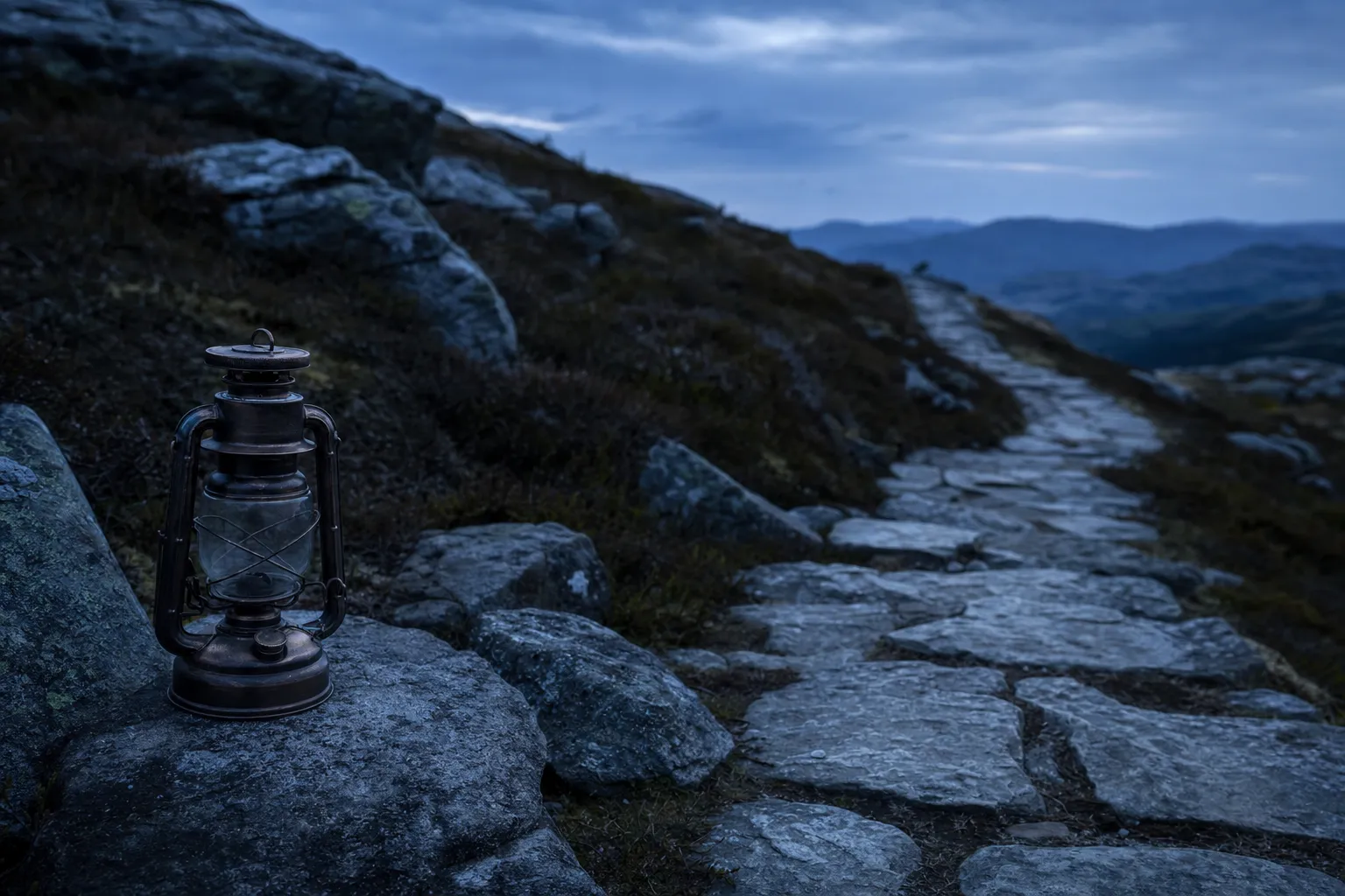 A lantern beside a stone path leading into a dark landscape