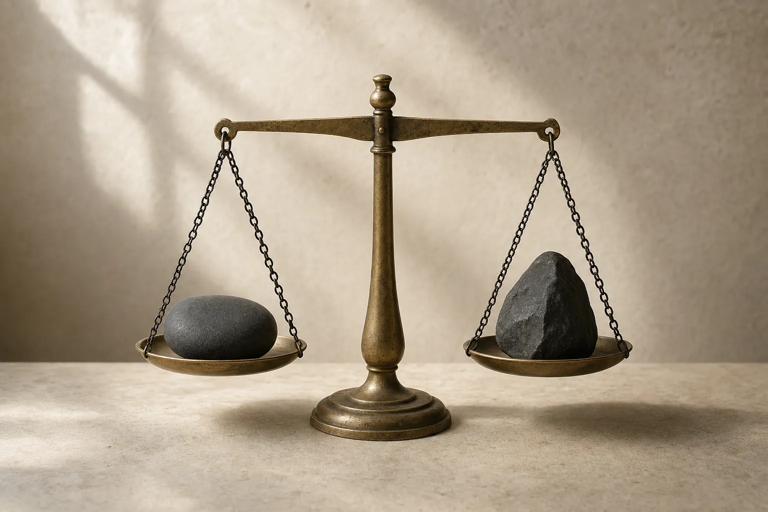 Balanced brass scales holding two different dark stones