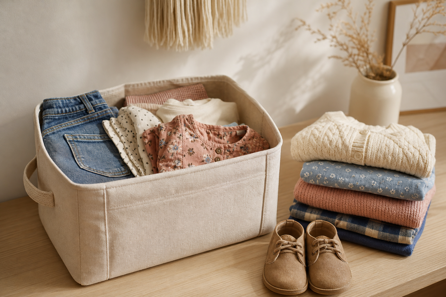 A fabric bin of folded outgrown children’s clothes beside a tidy stack of seasonal layers