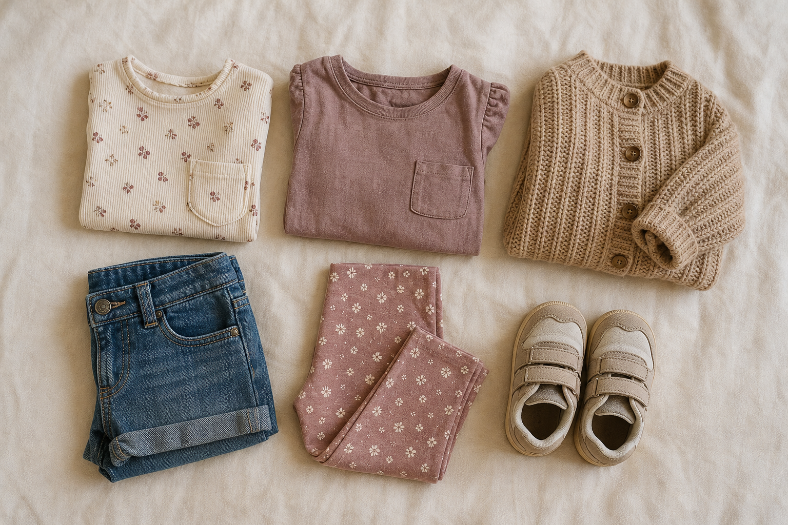 A small mix-and-match set of children’s clothes arranged for a capsule wardrobe