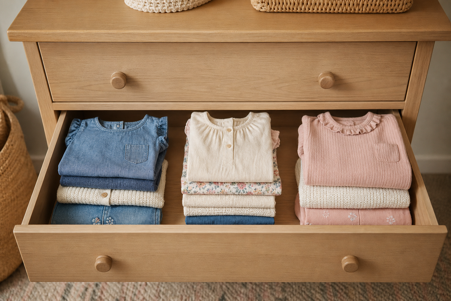 An organized child-height dresser drawer with folded blue, cream and pink children’s clothes