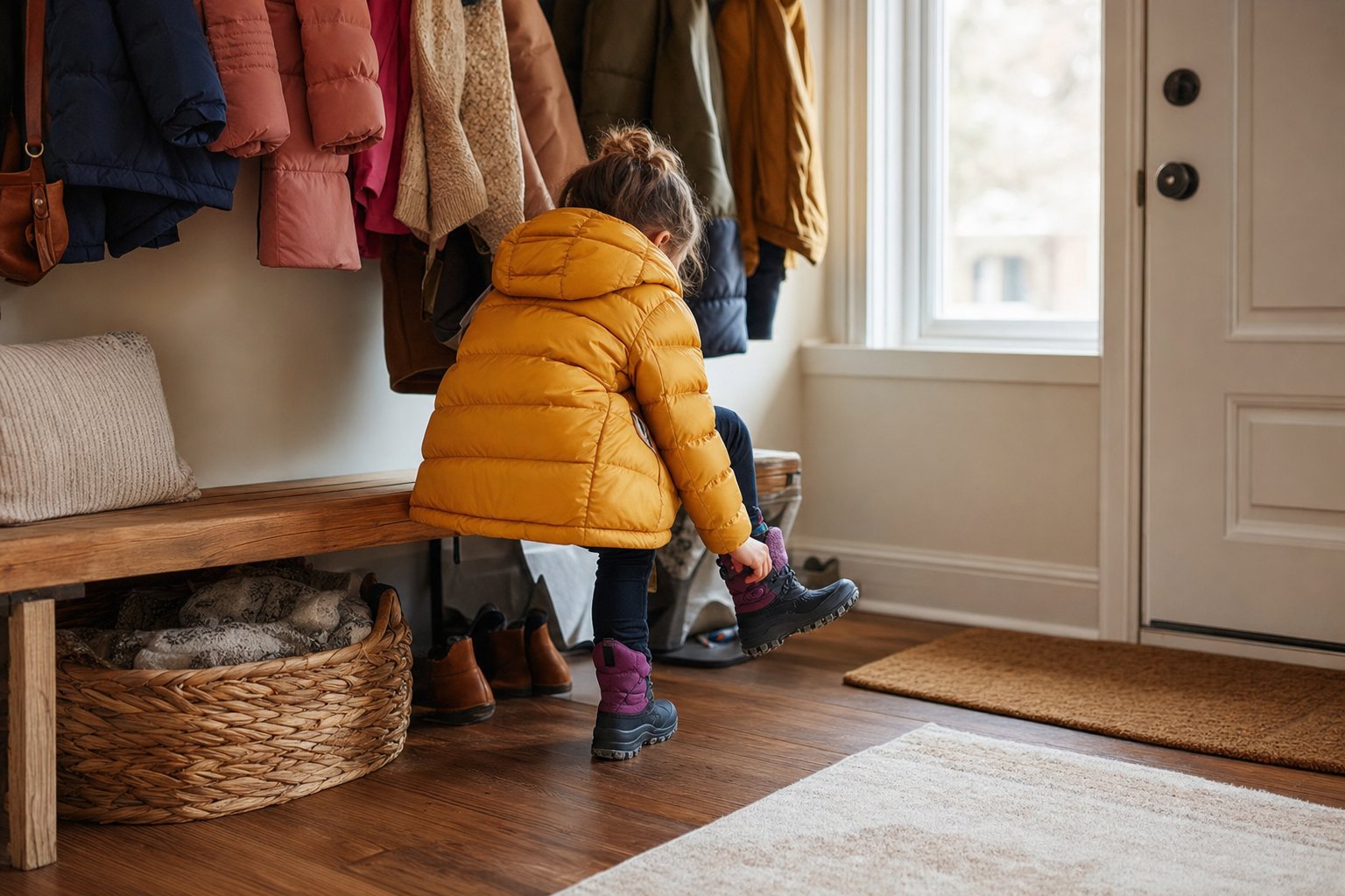Child putting on winter boots and a warm coat in a family entryway