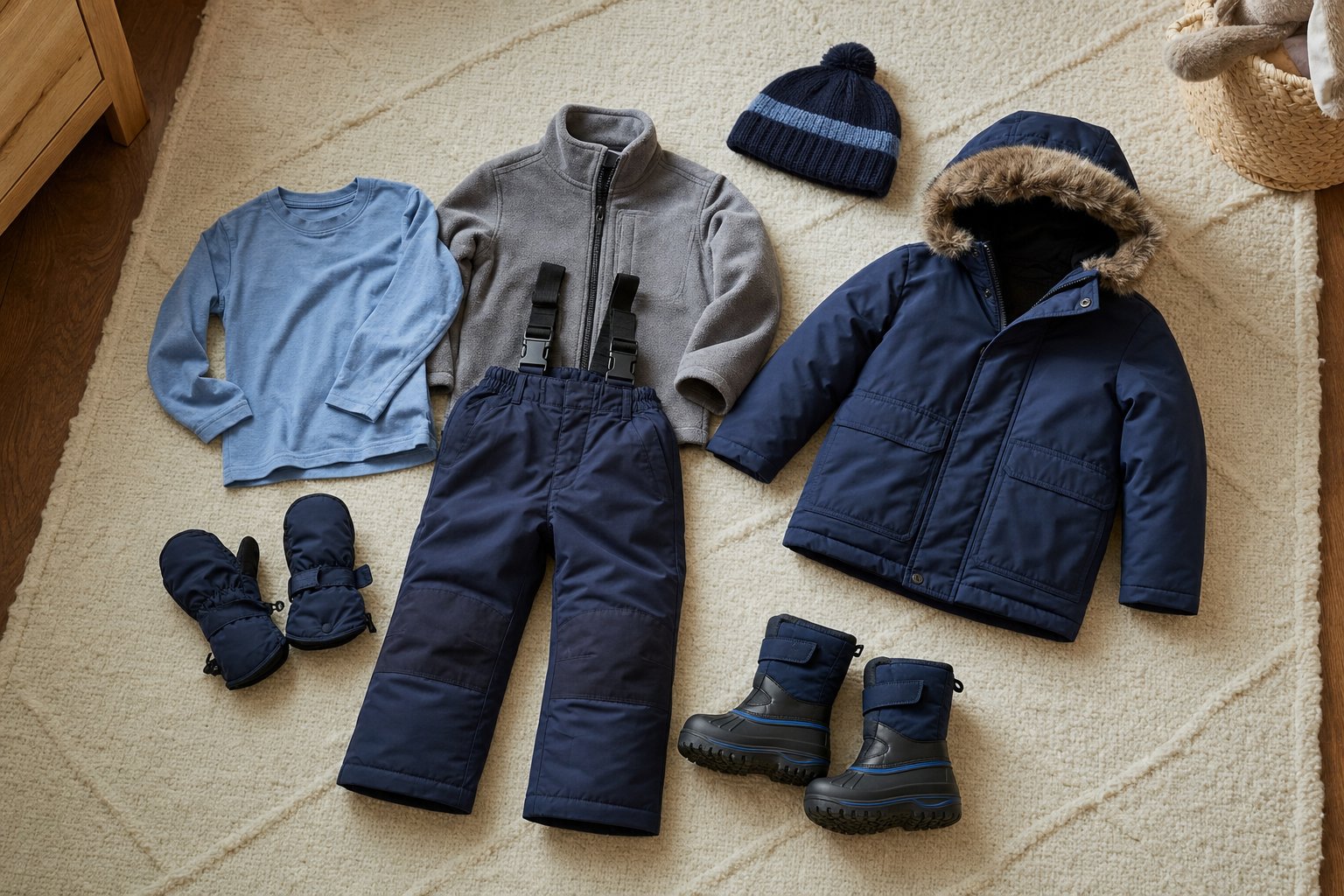 Children’s winter layers, snow pants, mittens and boots arranged for a cold day