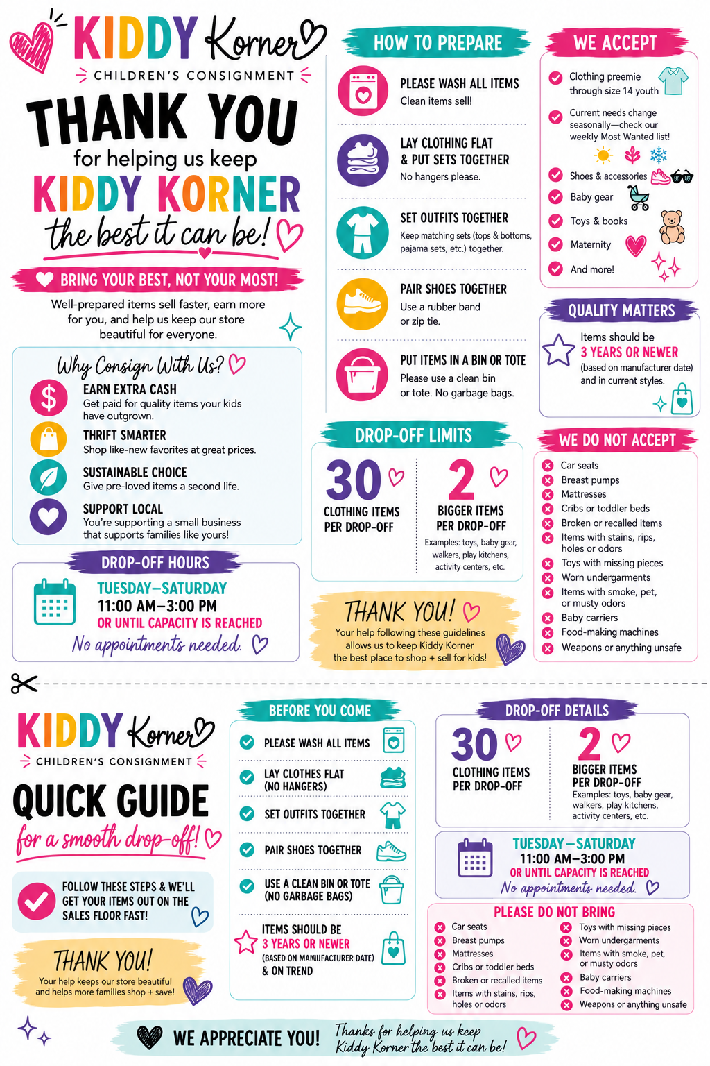 Consignment information + quick guide: preparation, hours, drop-off limits and items Kiddy Korner does not accept. Details are also provided above.