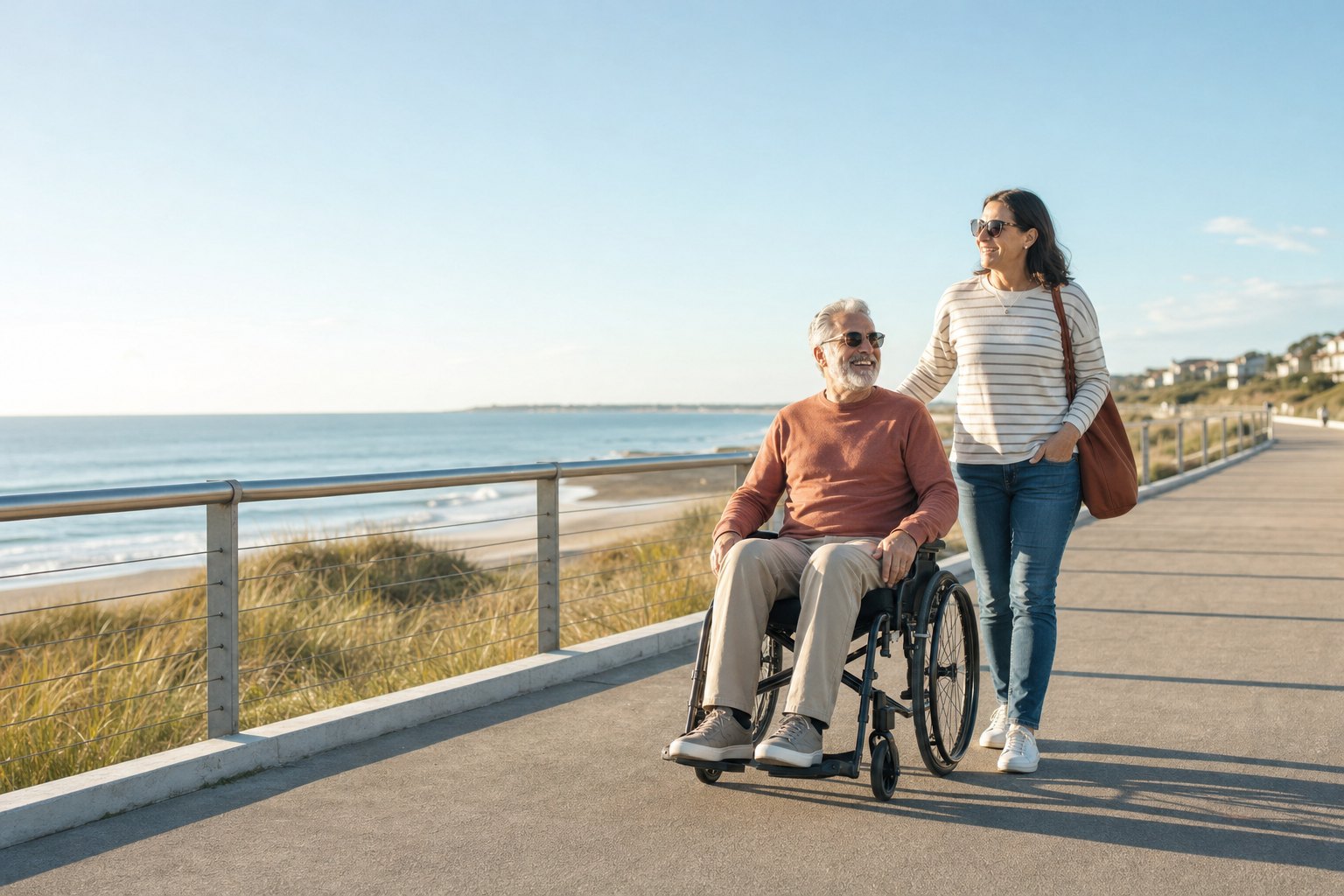 Traveler using a wheelchair and a companion on an accessible coastal boardwalk