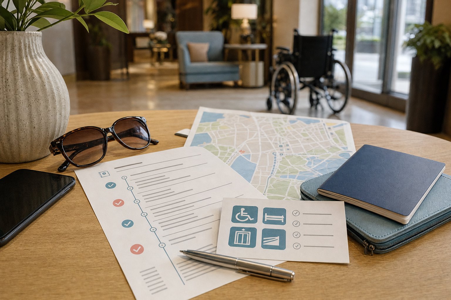 Travel itinerary and planning essentials arranged on a table