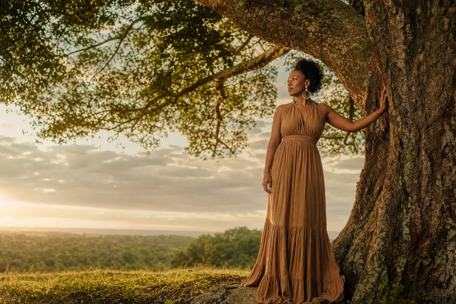 Woman standing beneath a broad-canopy tree in warm evening light