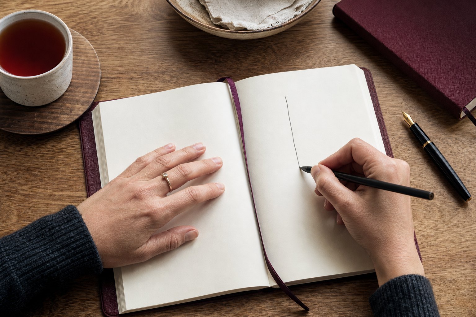 Hands writing in a journal beside tea and a fountain pen