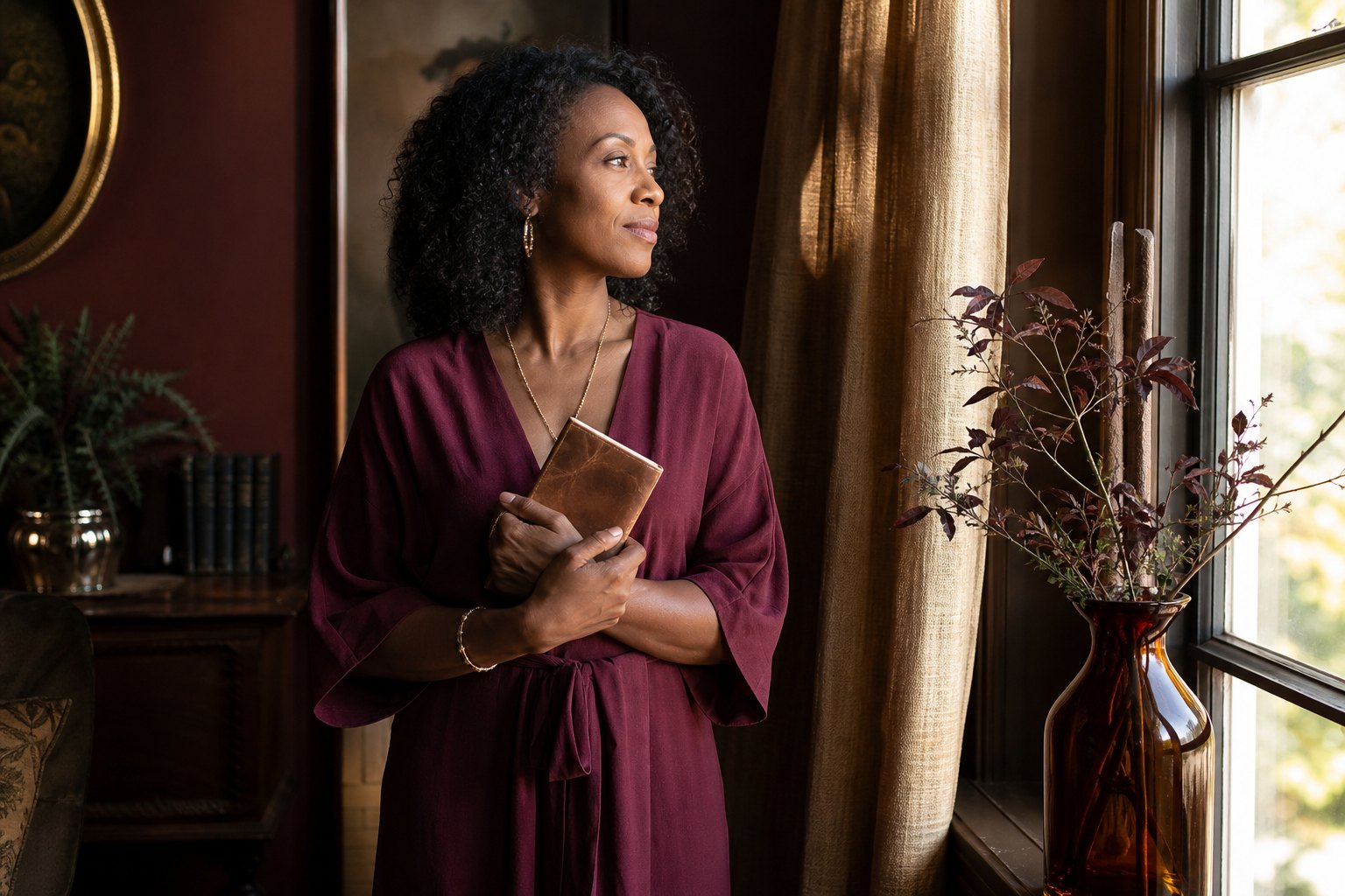 Woman holding a journal beside a sunlit window