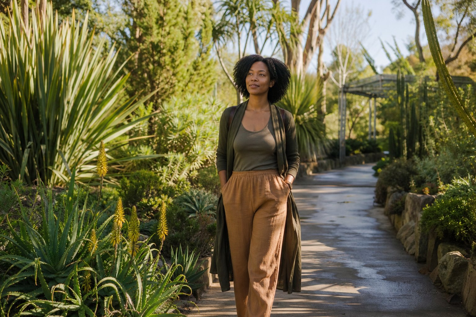 Woman taking a quiet walk through a botanical garden