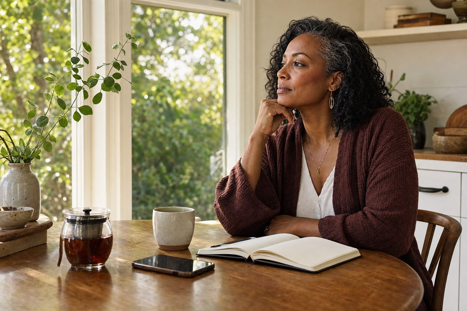 Woman pausing with a notebook and tea before responding to a message