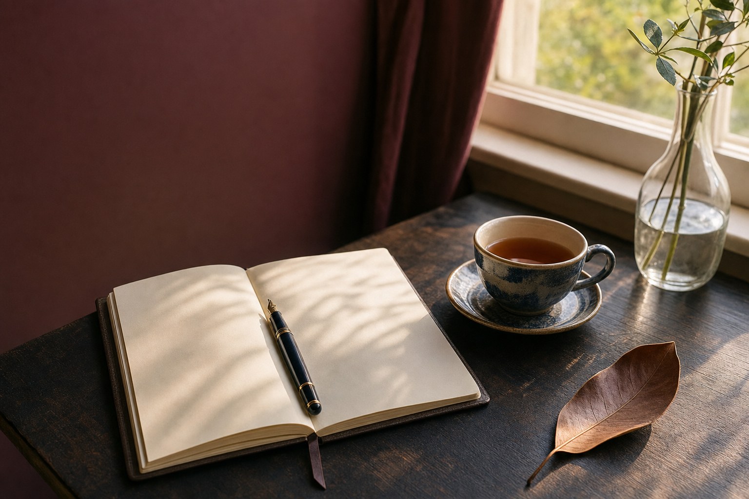 Open journal, fountain pen and tea by a sunlit window