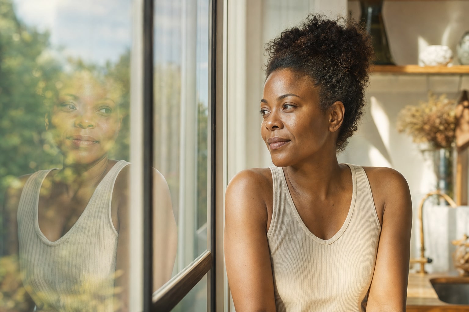 Woman seeing her reflection in a sunlit kitchen window