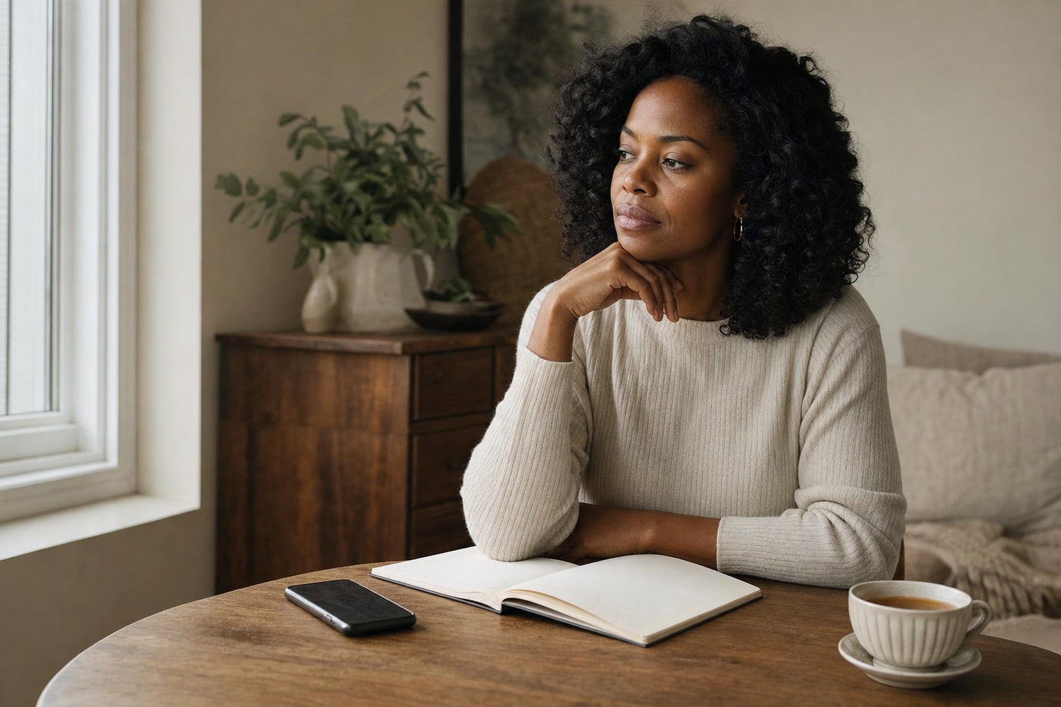Woman pausing at a journal before responding to a request