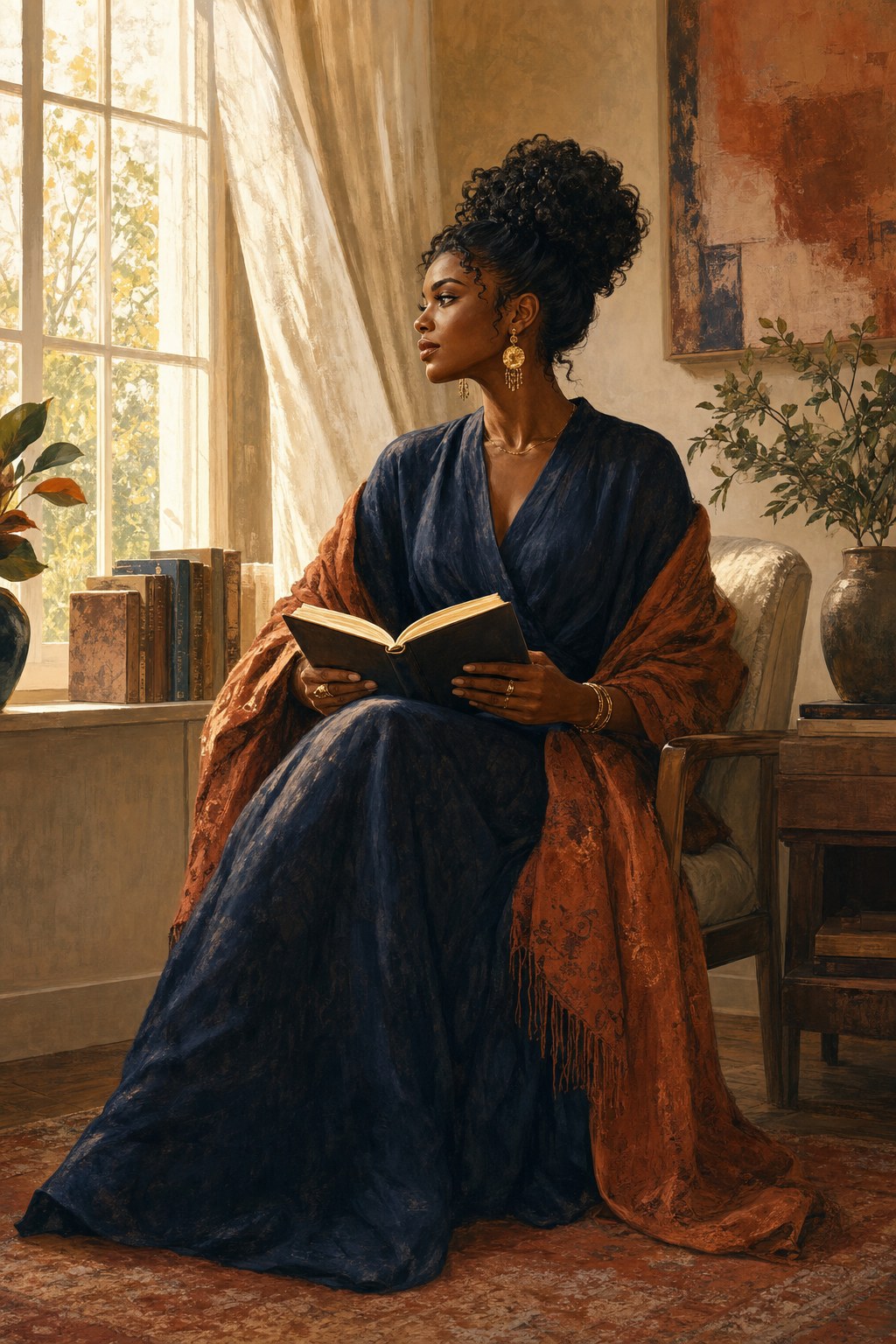 Woman seated by a window with an open journal